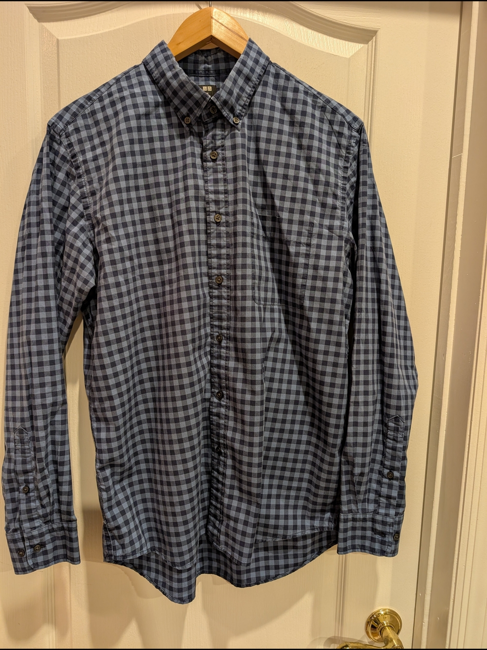 Uniqlo Men’s M Blue Navy Gingham Check 100% Cotton Button Down Shirt